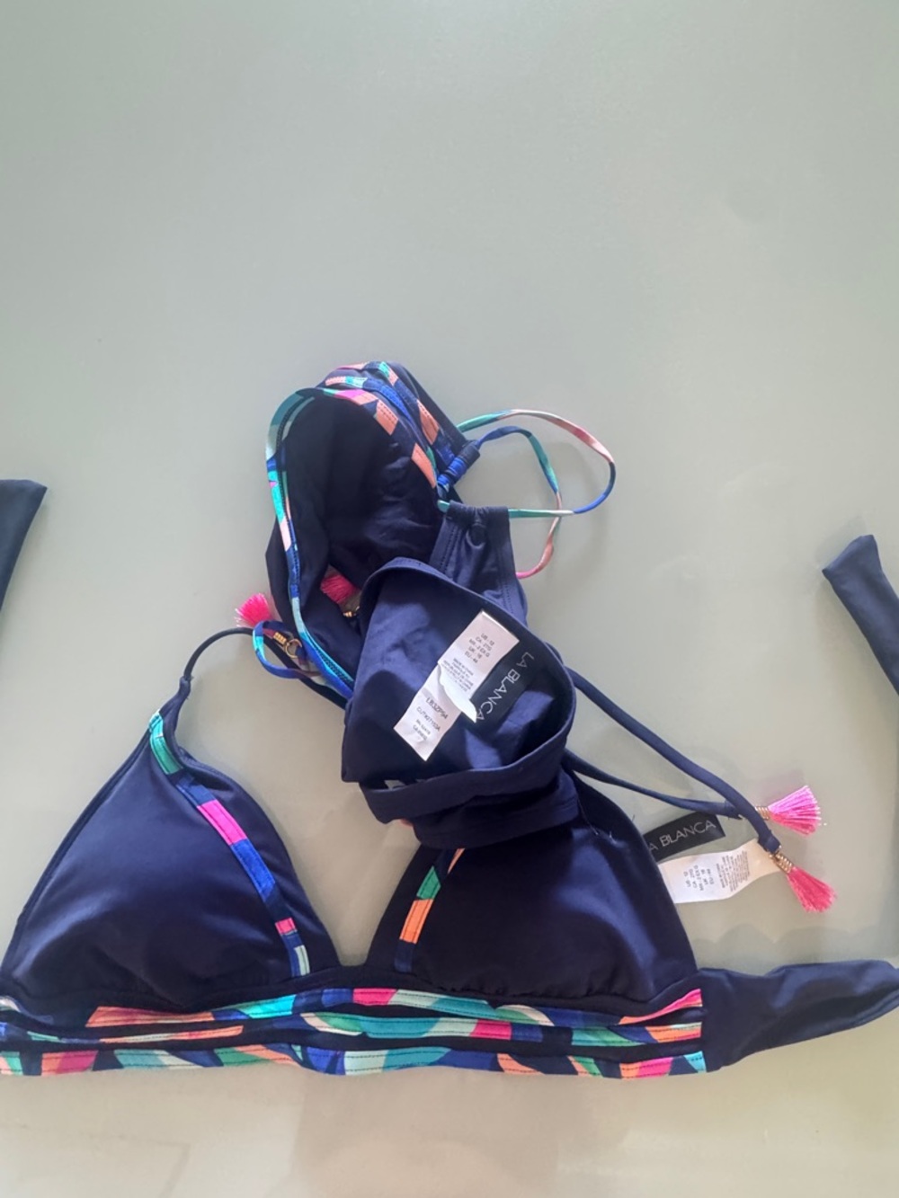 La Blanca Navy Bikini with Multicolor Trim and Tassel Ties - Picture 8 of 11